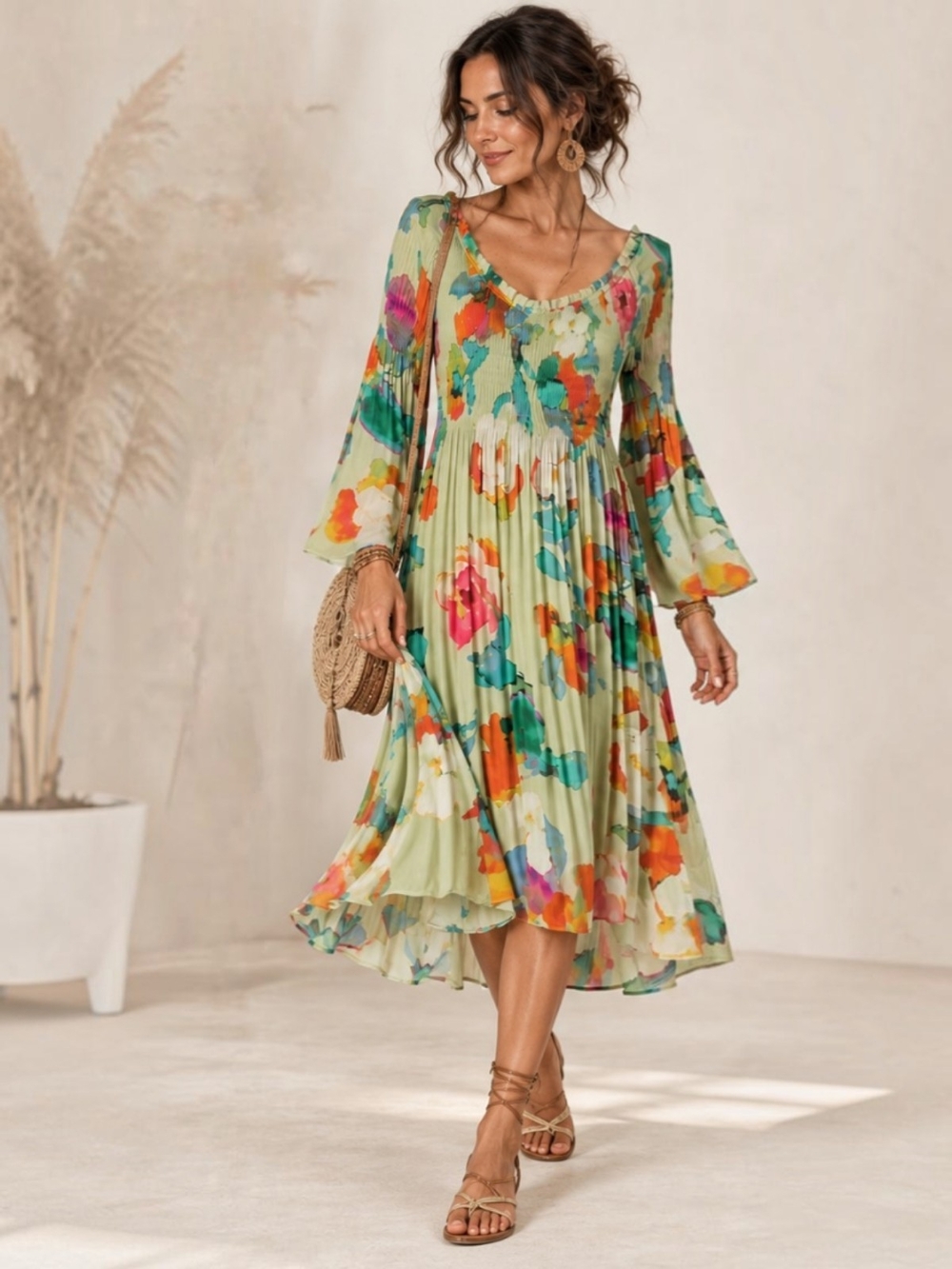 Spense Floral Smocked Peasant Dress Size 10 Bell Sleeve Boho